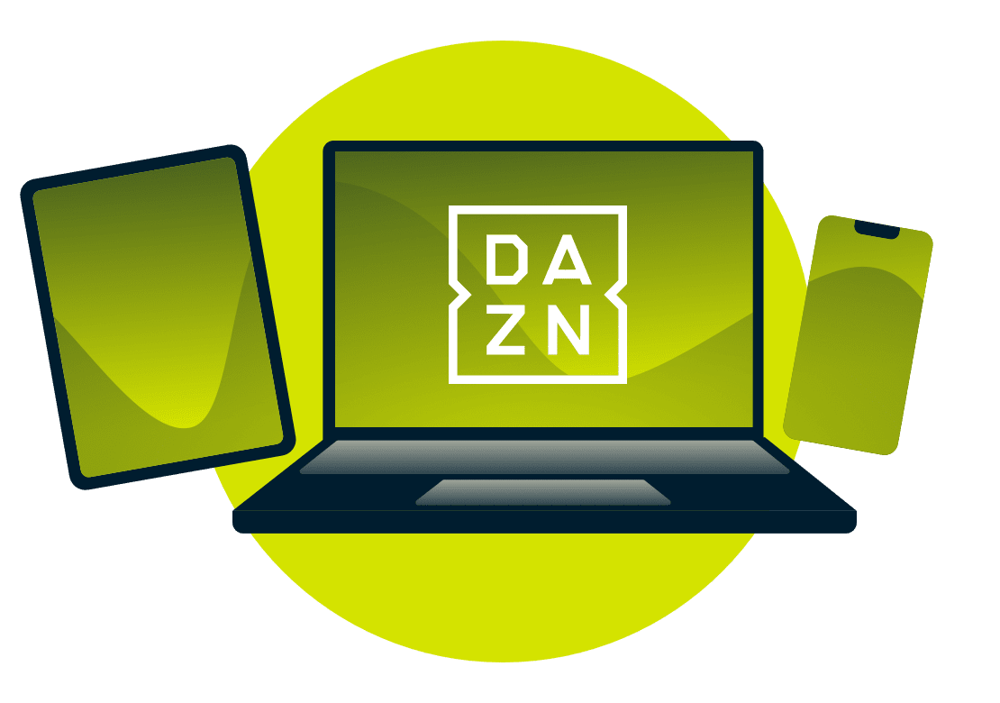 DAZN logosu olan bir diz&uuml;st&uuml; bilgisayar, tablet ve telefon.
