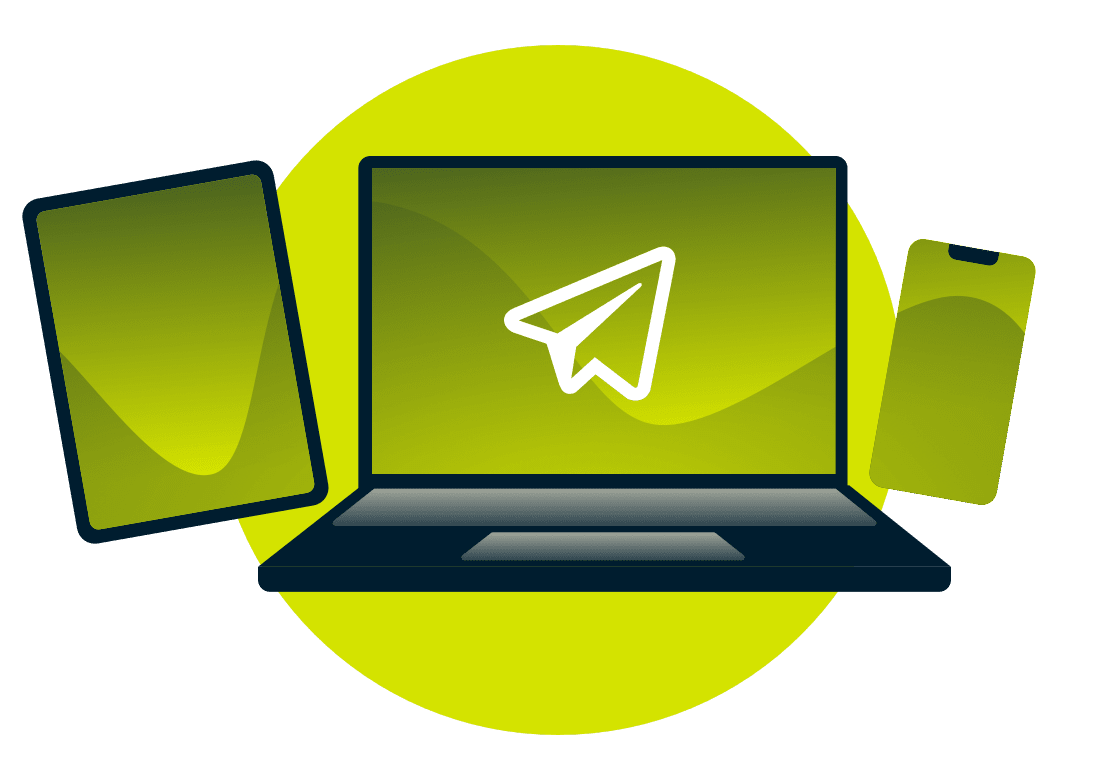 Logo Telegram sur un ordinateur portable, un t&eacute;l&eacute;phone et une tablette.
