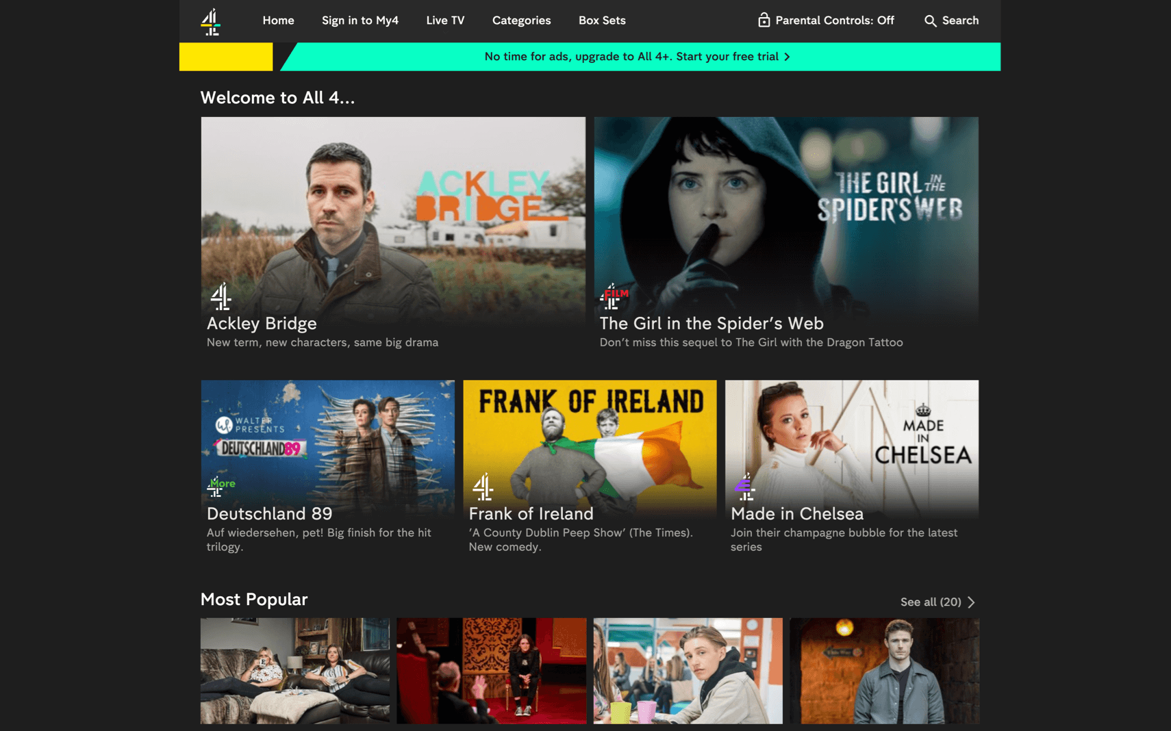 La page d'accueil et les émissions télé de l'appli All 4 de Channel 4
