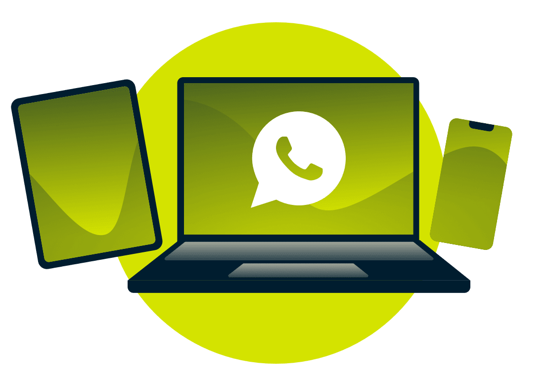Un port&aacute;til, una tableta y un tel&eacute;fono, con el logotipo de WhatsApp.